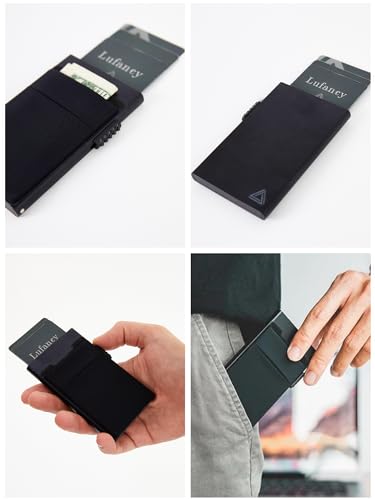 Lufanc RFID Ridge Wallet for Men – Slim Metal Card Holder – Minimalist Credit Card Holder – Men’s Thin Pocket Wallet – Smart&Small RFID Blocking Wallet – Mini Pop Up Card Case with Gift Box (Black)