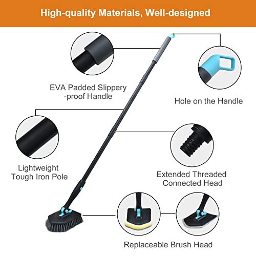 Shower Cleaning Brush with Long Handle, 3 in 1 Tub and Tile Scrubber Brush with 50.4'' Extendable Long Handle Detachable Stiff Bristles Scrub Brush for Cleaning Bathtub Shower Bathroom (Black)
