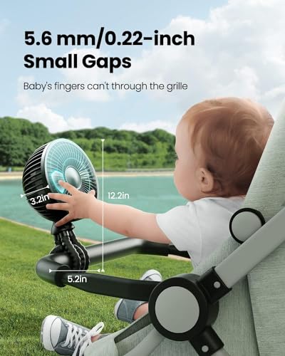 Gaiatop Baby Stroller Fan, 4000mAh Oscillating Mini Portable Fan with Light, 4 Speeds Battery Operated Small Handheld Desk Fan, 360° Rotate Flexible Tripod Clip On Fan for Car Seat Crib Travel Black