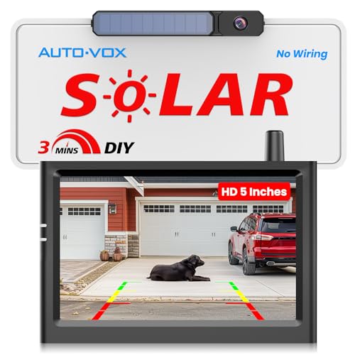 AUTO-VOX Solar Wireless Backup Camera with 5" HD Monitor,3 Mins DIY Installation & Battery Powered Back Up Camera Systems, IP69K Waterproof Reverse Camera for Car/Van/SUV/Truck/Trailer