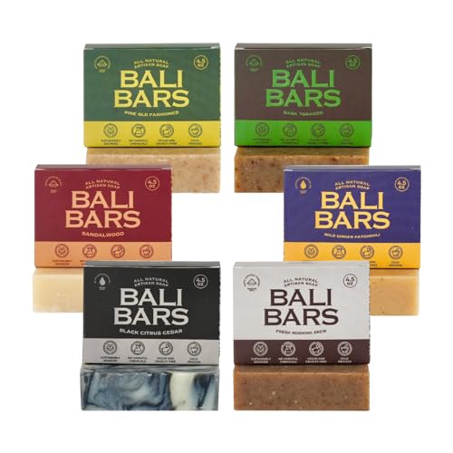 Mens Natural Soap Bar - Bali Bars Men All Natural Cold Process Castile Bath Body Soap Bar For Men with Premium Essential Oils Vegan Handmade (6pcs of 4.5oz Each) Gift Set