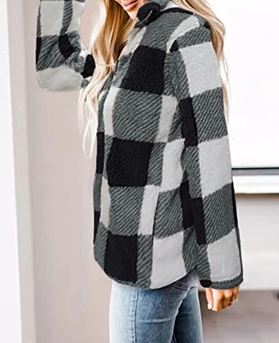 ZESICA Women's Plaid Long Sleeve Zipper Sherpa Fleece Sweatshirt Pullover Jacket Coat with Pockets,Black,Small