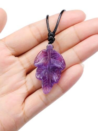 Top Plaza Amethyst Healing Crystal Stone Necklace for Women Men Carved Natural Gemstone Leaf Pendant Necklace Spiritual Jewelry Christmas Gifts