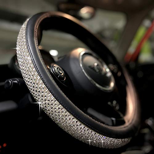 PINCTROT Bling Bling Comfy Steering Wheel Cover with Jumbo Crystal Rhinestones, Anti-Slip Diamond Leather, Universal 15 Inch (Silver)