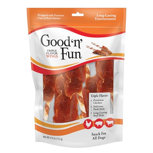 Good ‘n’ Fun Triple Flavor Wings Chews for All Dogs, Treat Your Dog to Long-Lasting Chews Made with Chicken, Pork Hide and Beef Hide, 4 Ounces