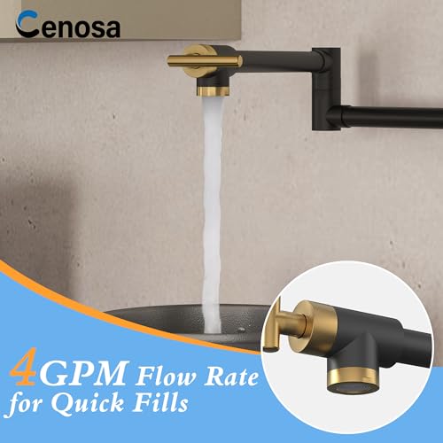 CENOSA Pot Filler Faucet Black and Gold Commercial Wall Mount Stove Faucet Wall Mount Kitchen Sink Pot Filler Facuet