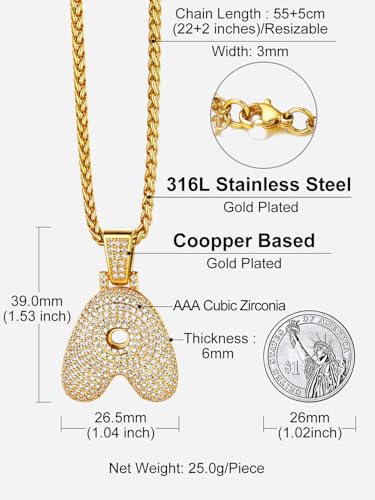 Richsteel 18K Gold Plated Bubble Letter W Necklace for Men Women Cubic Zirconia Pendant with Chain Initial Jewelry