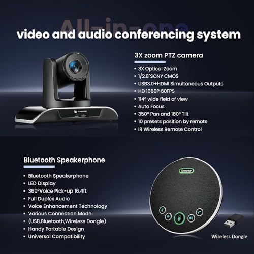 TONGVEO All-in-One Conference Room Video Camera System Bundle HD 1080P 60fps 3X Optical Zoom USB3.0 HDMI PTZ Camera and Bluetooth Conference Speakerphone with Microphones