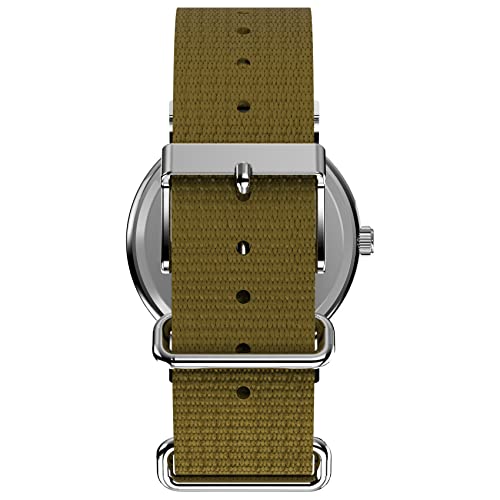 Timex Unisex Weekender 38mm Watch – Silver-Tone Case White Dial with Olive Fabric Slip-Thru Strap