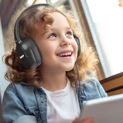 Jimonyer Kids Headphones for School, 3.5mm Jack Wired Headphones for Kids with Safe Volume Limiter, HD Stereo Sound On-Ear Girls Boys Toddler Headphones for Tablet, iPad, Kindle(Black)