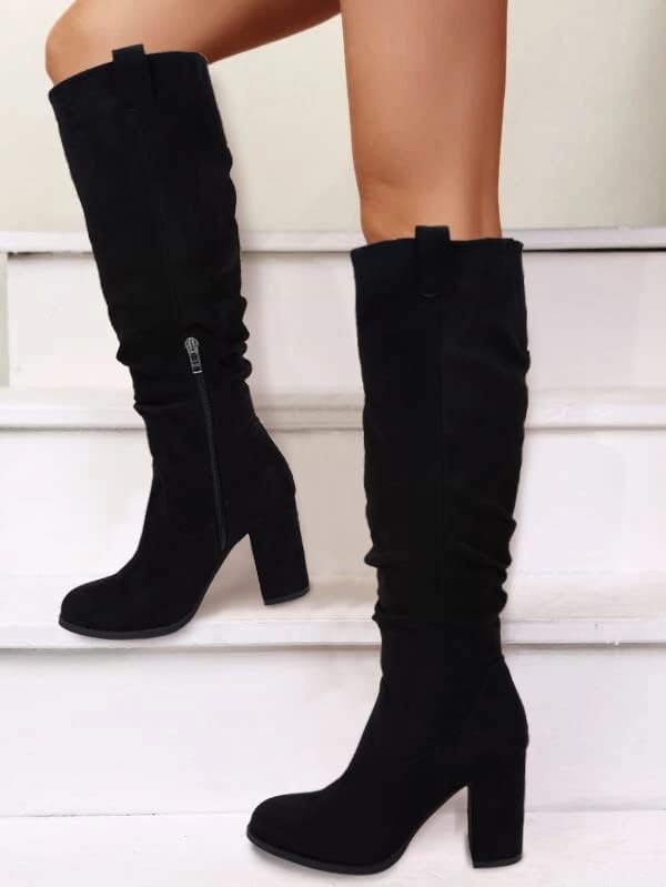Juliet Holy Women's Knee High Boots Chunky Block Heel Wide Calf Round Toe Side Zipper Fashion Dress Boot