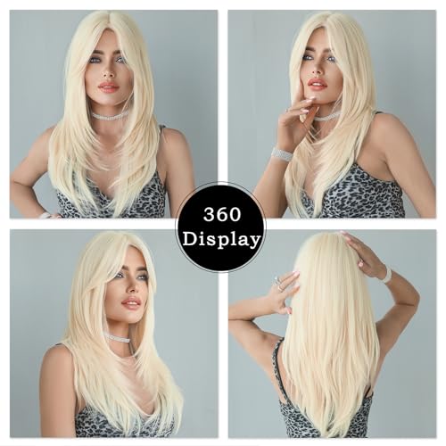 7JHH WIGS Long Straight Wig with Bangs for Women,#613 Blonde Curtain Bangs Wig Heat Resistant Layered Synthetic Wigs for Daily Use