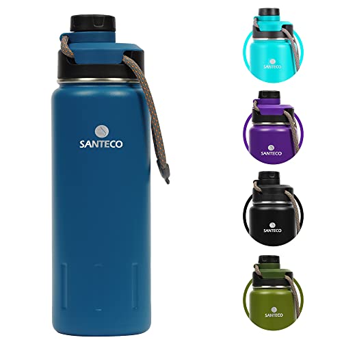 Insulated Water Bottles 24 oz, Santeco Stainless Steel Bottle with Lanyard & Wide Mouth Spout Lid, Leak Proof, Double Wall Vacuum Water Bottle, Keep Drinks Hot & Cold for Hiking Camping