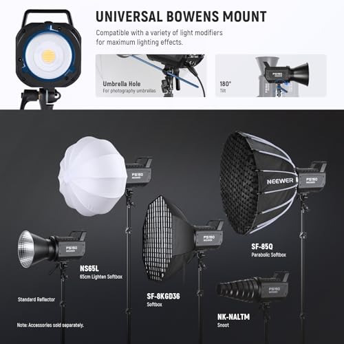 NEEWER FS150 LED Video Light 2.4G/APP Control, 130W 5600K COB Daylight Silent Photography Continuous Output Lighting 4 Precise Dimming Types 102000lux/1m CRI97+ 9 Effects Bowens Mount, US Plug