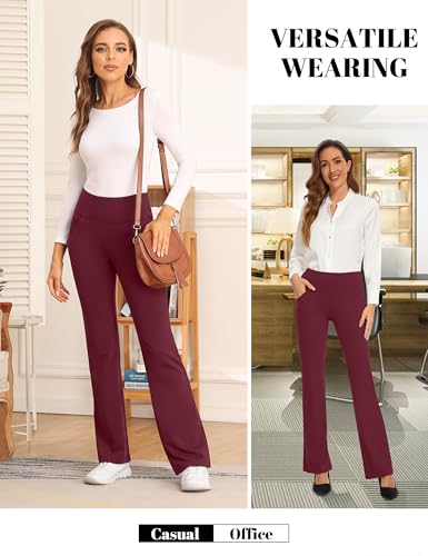 Desol Fleece Lined Pants for Women, Waterproof Yoga Flare Leggings with 4 Pockets,Thermal Warm Work Pants for Winter,Burgundy, Small