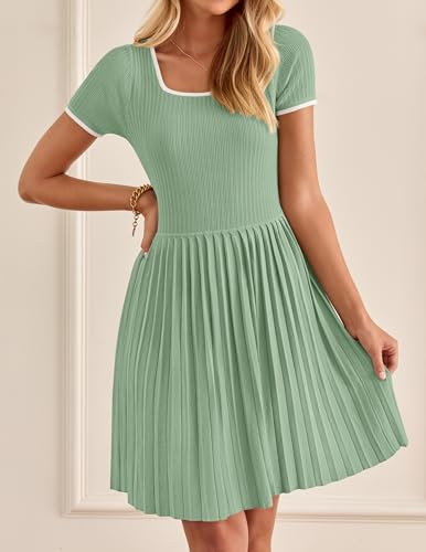 ZESICA Women's Ribbed Square Neck Color Block Pleated Mini Dress 2024 Short Sleeve A Line Knit Short Dresses Almond S