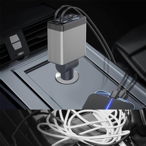 Retractable Car Charger, 4 in 1 Fast Car Phone Adapter 66W, Retractable Cables and USB Car Charger,Compatible with iPhone 15/14/13/12/11/10,iPad,Galaxy and Multiple Devices,Pixel (Grey)