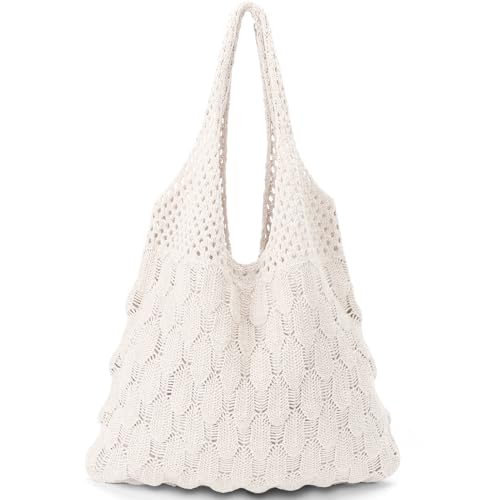 KPX Crochet Tote Beach Bag, Mesh Knitted Bag Large Aesthetic Shoulder Bag Handbags Hollow Hobo Bag for Women Summer (Beige, Style T)