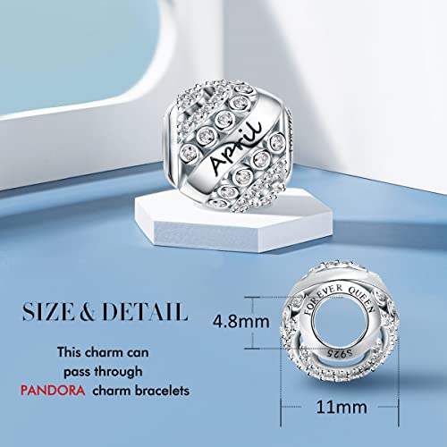 FOREVER QUEEN April Birthstone Charms for Bracelet 925 Sterling Silver Bead Openwork Charms, Happy Birthday Charms for Bracelet and Necklace