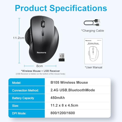 Anycool Wireless Mouse, 2.4GHz Bluetooth Mouse for Laptop, Ergonomic Computer Mouse with USB Receiver, Rechargeable Portable PC Mouse Wireless for Windows Mac PC Notebook (Black)