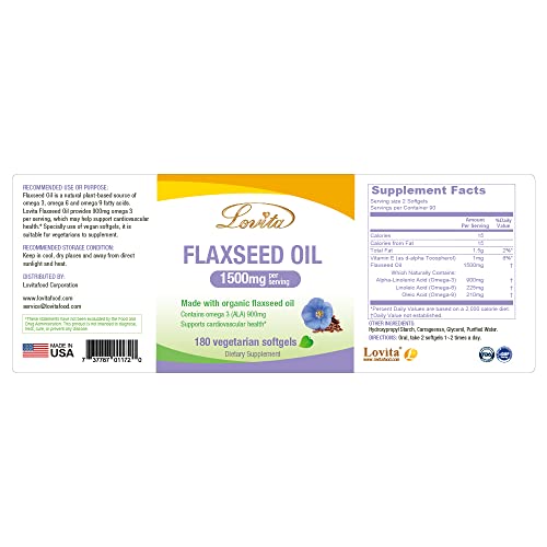 Lovita Organic Cold-Pressed Flaxseed Oil : 1500mg with 900mg ALA Omega-3. Vegan. 180 Softgels