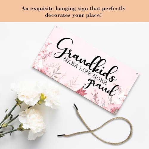 Grandkids Make Life More Grand Door Wood Sign Plaque Gift for Grandma, Wooden Wall Hanging Sign with Twine, Shelf Wood Floral Art Sign, Living Room Home Bedroom Kitchen Decoration Supplies -019
