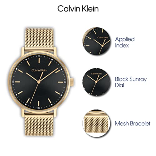 Calvin Klein Men's Quartz Ionic Gold Plated Steel and Mesh Bracelet Watch, Color: Gold Plated (Model: 25200049)