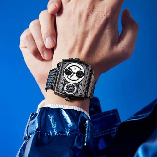 FEICE Men's Square Digital LED Watch - Multifunction Chronograph with Analog Quartz Movement, Stainless Steel Band, Dual Time Display, Waterproof Wristwatch FK814