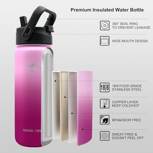 NATURE PIONEOR Insulated Water Bottles with Paracord Handle - 24 oz Vacuum Sports Wide Mouth Water Bottle with 3 Lids, Leak Proof Stainless Steel Keeps Hot and Cold…