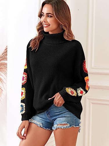 ZAFUL Turtleneck Sweater for Women Pullover Puff Long Sleeve Boho Knit Sweaters Trendy Knitwear Top Coffee Flower Crochet L