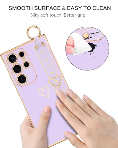 BENTOBEN Compatible with Samsung Galaxy S24 Ultra Phone Case 2024, Slim Thin Shockproof Kickstand Holder Protective TPU Bumper Drop Protection Cute Heart Girl Women Boy Men S24Ultra Cover, Purple/Gold