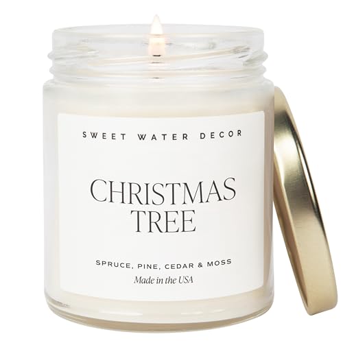 Sweet Water Decor Christmas Tree Candle | Pine Needles, Cedarwood, Cypress, and Evergreen Soy Holiday Scented Candles for Home | 9oz Clear Jar Candle, 40+ Hour Burn Time, Made in the USA