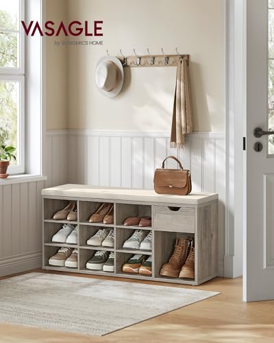 VASAGLE CUSTOS Collection - Shoe Bench, Storage Bench with Padded Seat, Entryway Bench with 15 Compartments, for Bedroom, 11.8 x 40.9 x 18.9 Inches, Heather Greige and Cappuccino Beige ULHS024K02