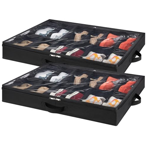 Lifewit Under Bed Shoe Storage Organizer Set of 2, 4.3 Inches Tall Low Profile Fabric Shoes Container Box with Clear Cover, Foldable Storage Bag with 2 Handles, Total Fits 24 Pairs of Shoes, Black