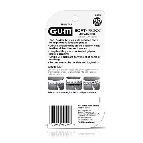 GUM Soft-Picks Advanced, Easy to Use Dental Picks for Teeth Cleaning and Gum Health, Disposable Interdental Brushes with Convenient Carry Case, Dentist Recommended Dental Picks, 90ct (3pk)