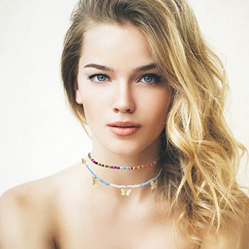Taouzi 12 Pieces Beaded Choker Necklaces for Women Colorful Beaded Necklace Bulk Butterfly Star Heart Necklace Beach Necklace Vsco Boho Necklaces for Women