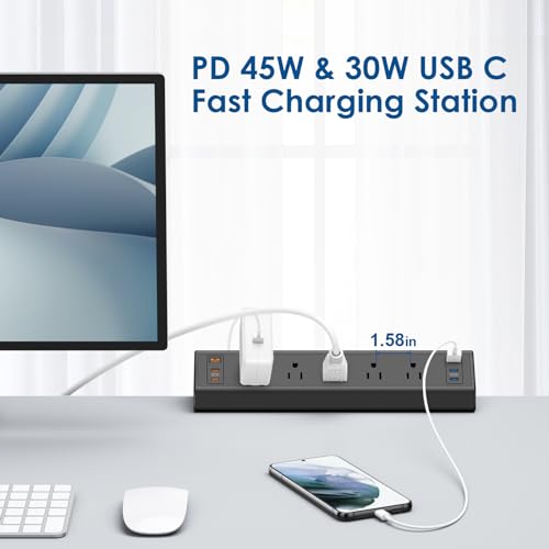 Desk Clamp Power Strip USB C,75W Total Fast Charging Station,45W USB-C and 30W USB-C Ports,Desk Edge Mount Power Strip 6-USB,5 AC Outlets Tabletop Surge Protector,Fit 1.6" Tabletop Edge