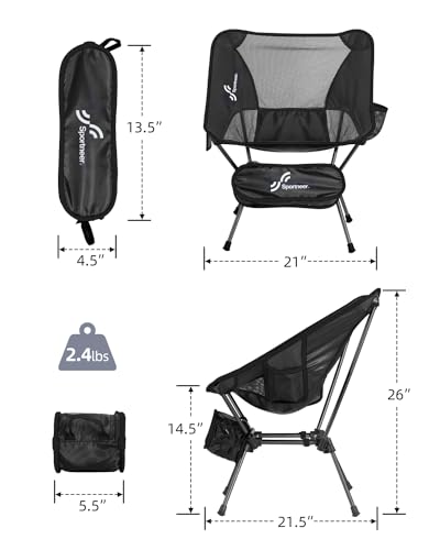 Sportneer Lightweight Portable Folding Camping Chair Compact Beach Camp Chairs for Adults Foldable Backpacking Chair Outdoor Chair for Camping Hiking Lawn Picnic Outside Travel (1, Black)