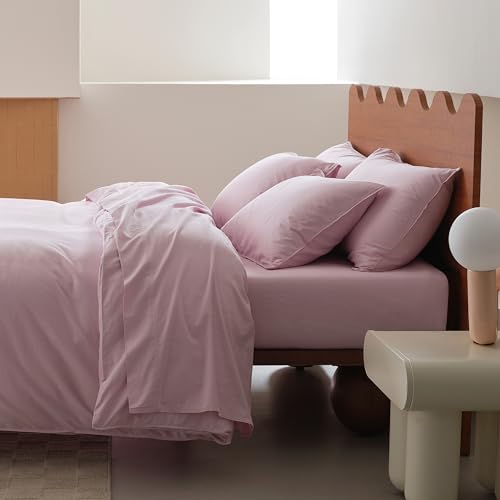 Double Stitch 100% Organic Cotton Sheet Set Queen - 300 TC Luxury Hotel Sateen Weave, GOTS Certified Long Staple Cotton, Made in India, 1 Fitted Sheet, 1 Flat Sheet, 2 Pillowcases, Blush Pink