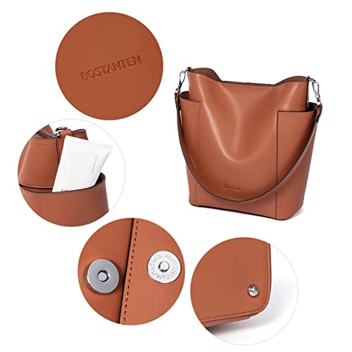 BOSTANTEN Genuine Leather Bucket Handbag Designer Hobo Shoulder Bags Tote Purses and Handbags Set with Clutch Purse Brown