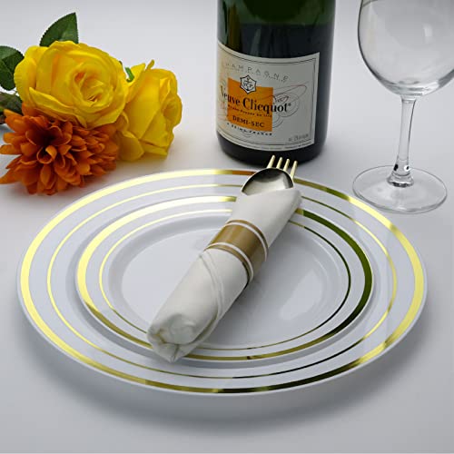 Pre Wrapped Cutlery Set- 25 sets of Fork, Knife, Spoon wrapped in a napkin - 25 Small Plates- 25 Big Plates (Gold)