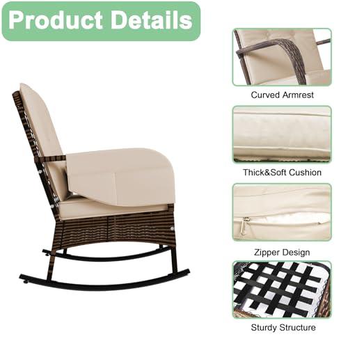CIRMUBUY 3-Piece Patio Furniture Set,Outdoor Rocking Chairs Set of 2, Patio Conversation Set with 2 Wicker Chairs with Rattan Coffee Table and Cushions for Garden,Porch,Backyard, Bistro (Beige)