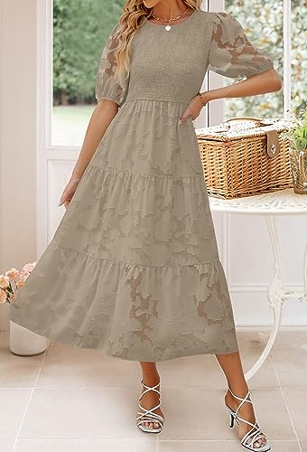 ZESICA Women's 2024 Summer Short Puff Sleeve Crewneck Smocked Floral Lace Flowy A Line Tiered Maxi Dresses,Red,Medium