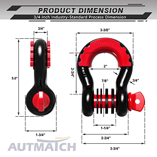 AUTMATCH D Ring Shackle 3/4" Shackles (2 Pack) 41,887Ibs Break Strength, Clevis Shackle with 7/8" Screw Pin and Shackle Isolator Washers Kit for Tow Strap Winch Off Road Vehicle Recovery, Black & Red