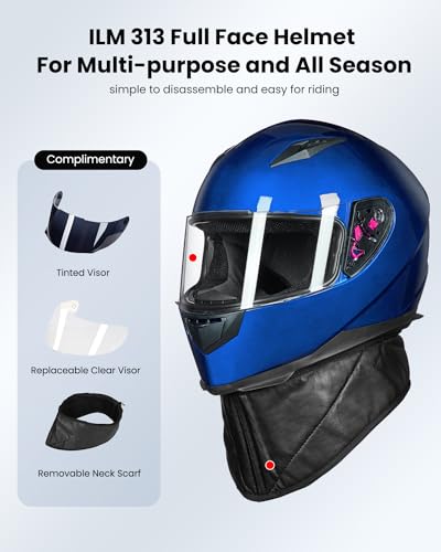 ILM Full Face Motorcycle Street Bike Helmet with Removable Winter Neck Scarf + 2 Visors DOT Model-JK313 (S, Blue)