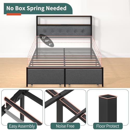 Yoobure Full Size Bed Frame with Headboard, Metal Platform Bed Frame Full Size, Noise Free Heavy Duty Bed Frames with Storage Drawers, Bedframe with Charging Station & LED Light, Black