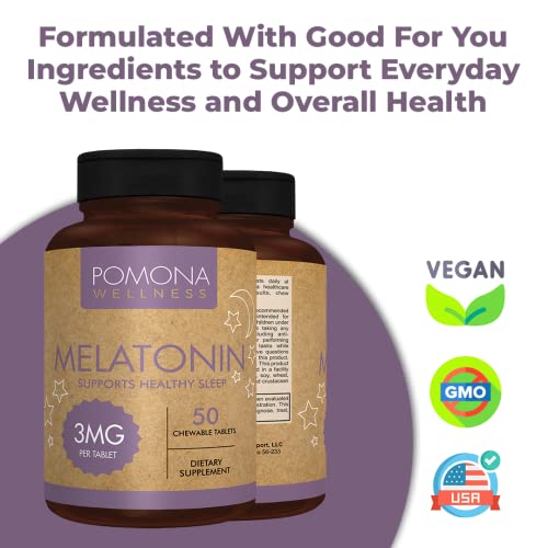 Pomona Wellness Melatonin 3mg, Supports Healthy Sleep and Relaxation, Helps Fall Asleep Faster and Stay Asleep Longer, Drug Free Chewable Tablets, Vegan Non-GMO, Unflavored, 50 Count