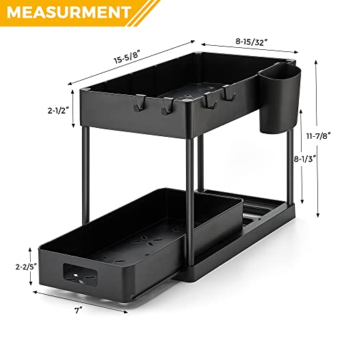 Ravinte 1 Pack Pull Out Under Sink Organizer 2 Tier Multi Purpose Sink Organizers Storage For Bathroom Kitchen Sink Storage Organizer With Hook & Hanging Cup Matte Black Sliding Cabinet Organizer