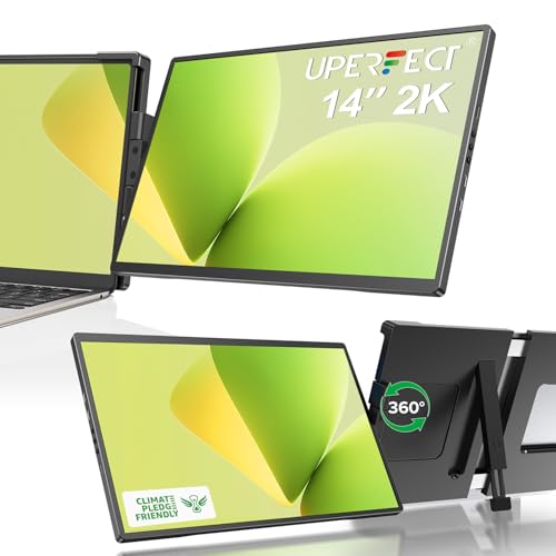 UPERFECT Laptop Screen Extender, 2K 14" 360°Unique Swivel Hinge w/ 180° Automatic Rotation, 2240x1400 QHD IPS Portable Monitor for 13"-17'' Laptops, Plug & Play Compatible with Mac, Wins, Android, Dex