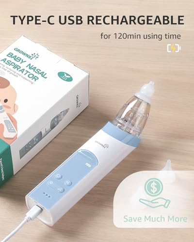 GROWNSY Nasal Aspirator for Baby, Electric Nose Aspirator for Toddler, Baby Nose Sucker, Automatic Nose Cleaner with 3 Silicone Tips, Adjustable Suctions, Music and Light Soothing Function (Blue)